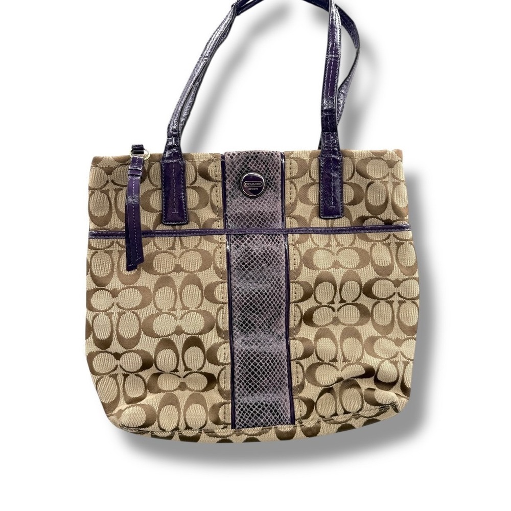 Coach Signature Stripe Tote‎ Bag Khaki Canvas Purple Python Trim Shoulder Bag